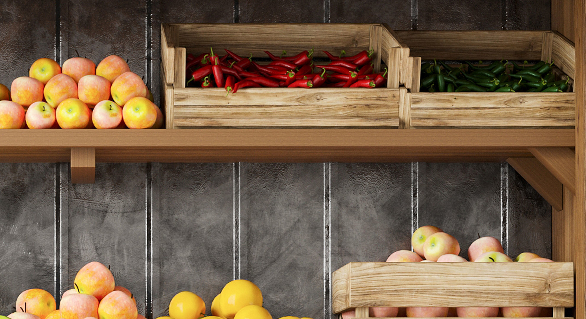 Display case with fruits and vegetables at the market 3D model_4