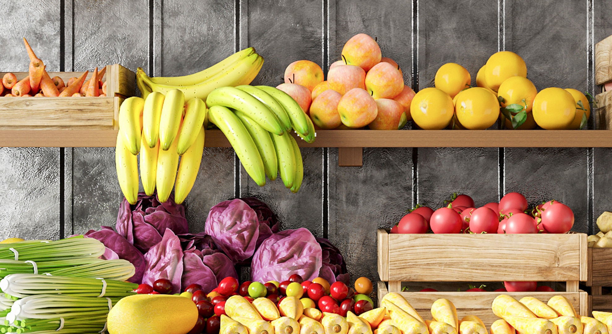 Display case with fruits and vegetables at the market 3D model_3