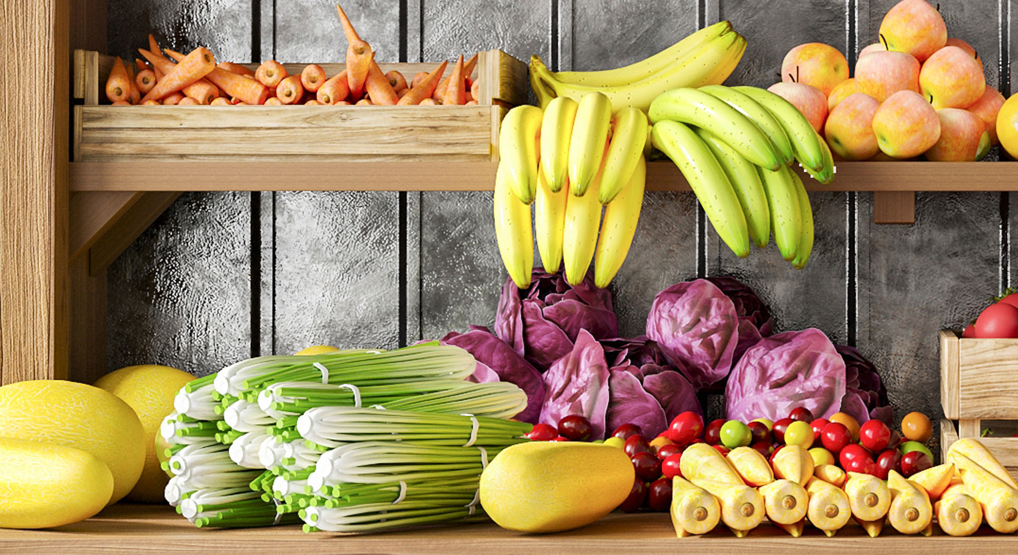 Display case with fruits and vegetables at the market 3D model_5