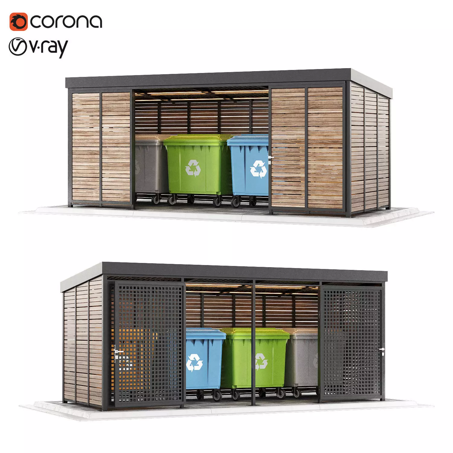 Garbage bins containers with fencing 3D model_0