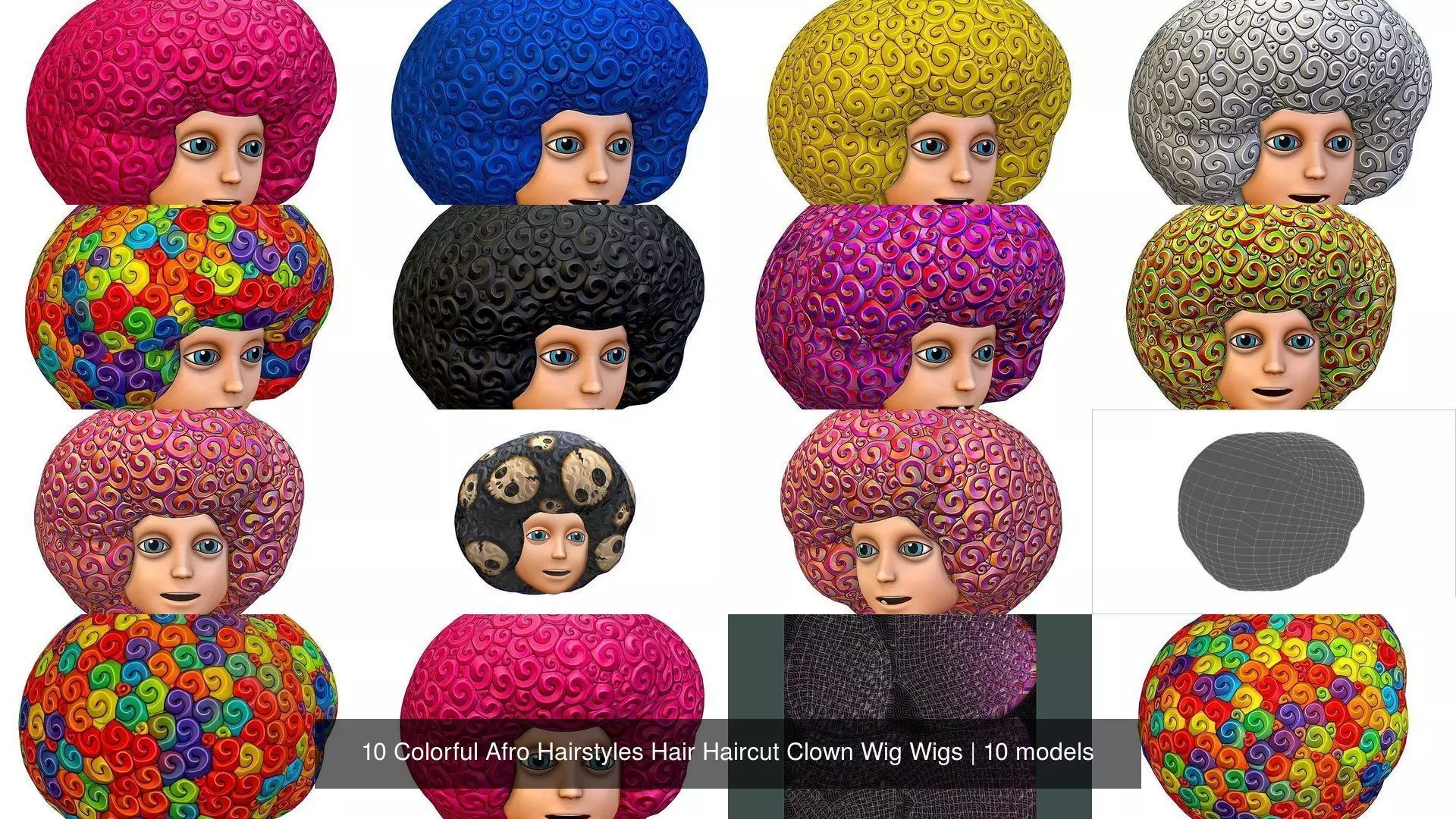 10 Colorful Afro Hairstyles Hair Haircut Clown Wig Wigs 3D Model Collection_0
