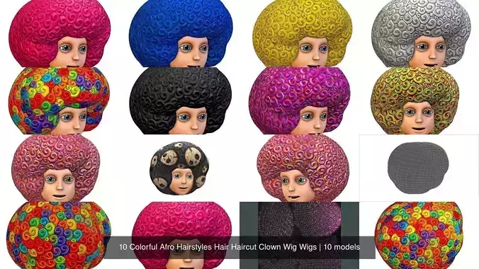 10 Colorful Afro Hairstyles Hair Haircut Clown Wig Wigs 3D Model Collection 10 Colorful Afro Hairstyles Hair Haircut Clown Wig Wigs 3D Model Collection