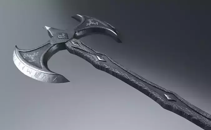 Ornate Double-Bladed Fantasy Battle Axe Low-Poly 3D Model