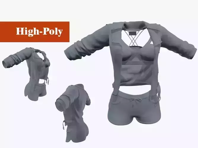 Women jacket with short shorts and bra high-poly 