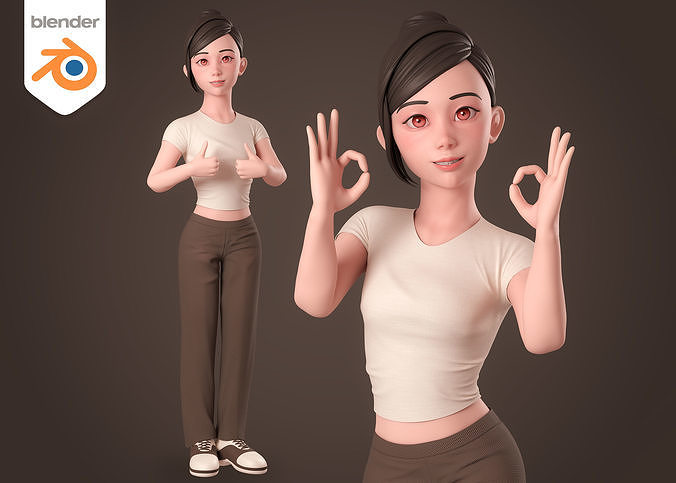 Casual girl brown dressed cartoon character - Rigged 3D model