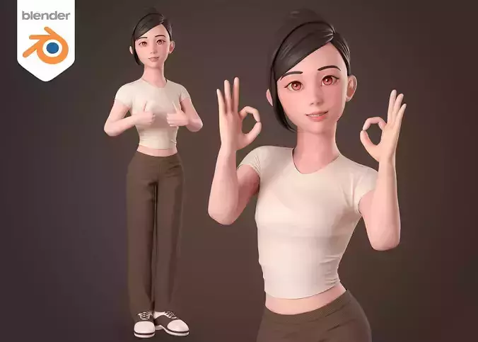 Casual girl brown dressed cartoon character - Rigged