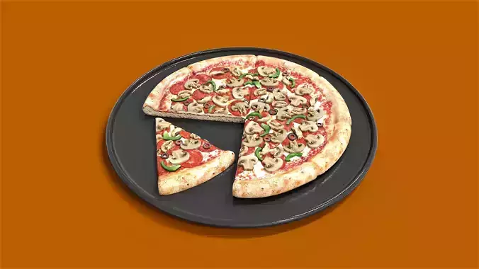 Sliced Pizza With Plate Low-poly 3D model