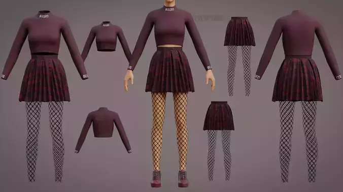 Turtleneck Crop top Plaid Pleat Skirt Fishnet Tights Goth Outfit 3D model