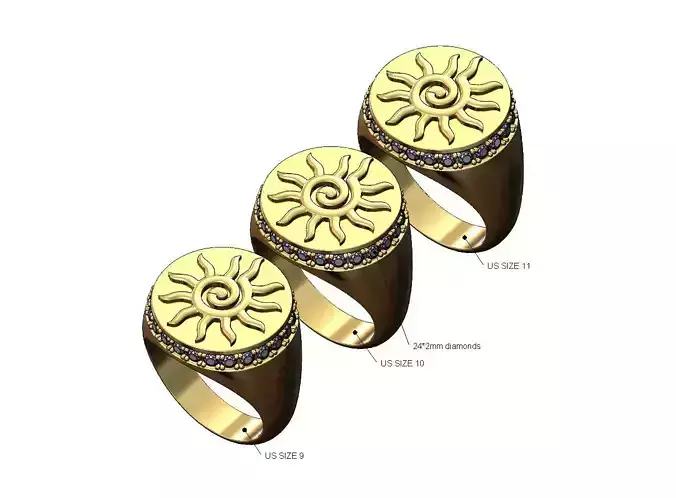 Sunburst scroll  diamond side halo round signet US sizes 9 10 11