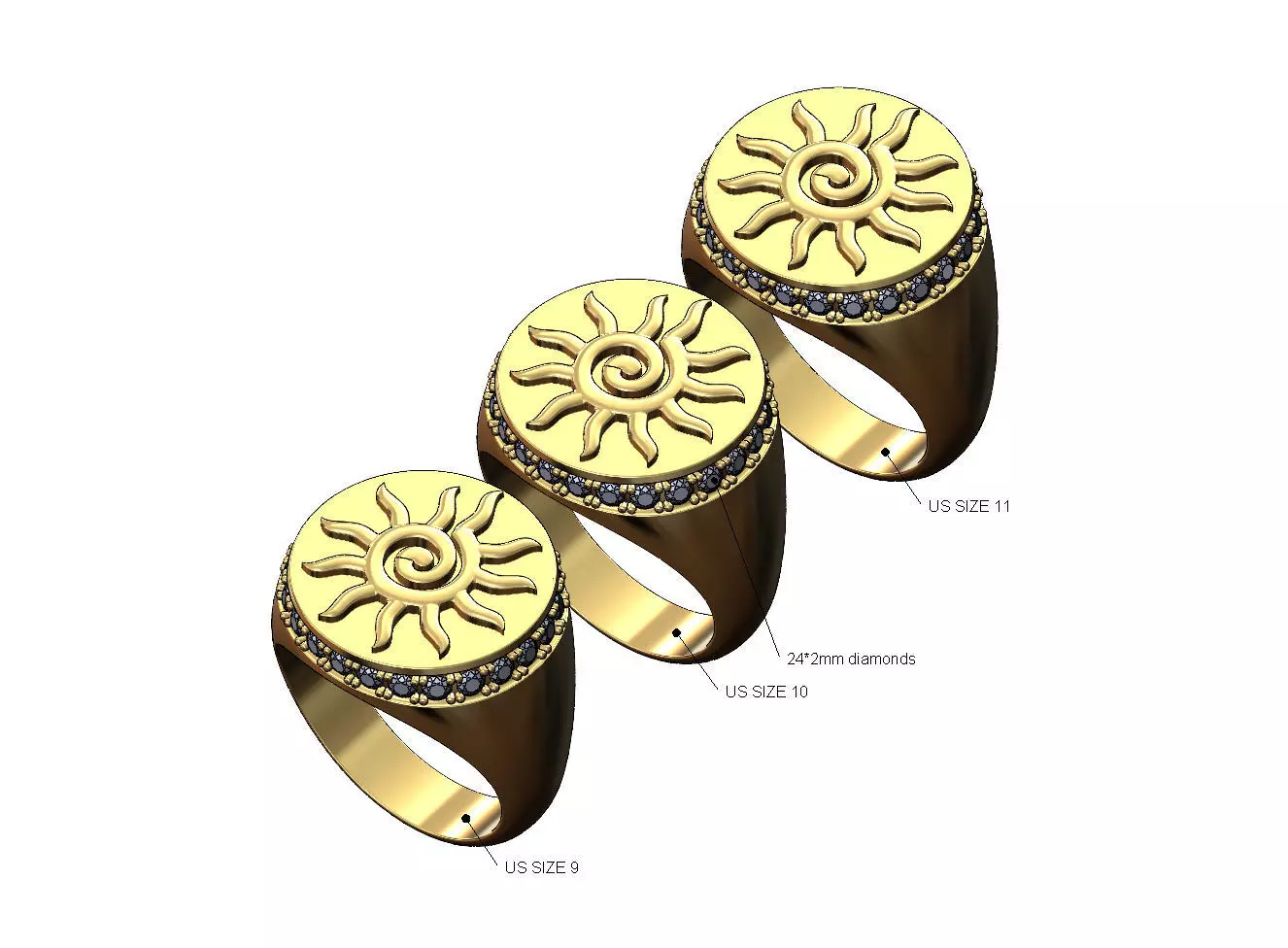 Sunburst scroll diamond side halo round signet US sizes 9 10 11 3D print model