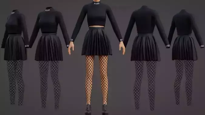 Turtleneck Crop top Leather Skirt Fishnet Tights Grunge Clothing 3D model