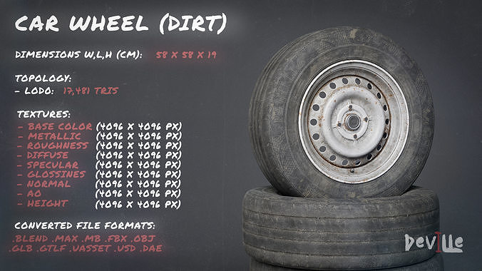 Car Wheel Rim Tire Pack -Clean New and Worn Dirty Old Game Ready Low-poly 3D model 5