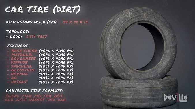 Car Wheel Rim Tire Pack -Clean New and Worn Dirty Old Game Ready Low-poly 3D model 6