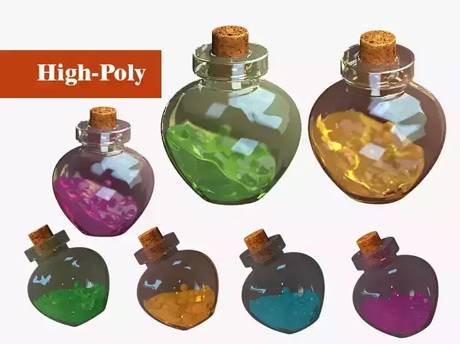 four bottles of colored magic potion   high-poly textured  V-RAY