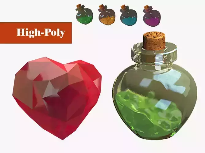 colored magic potion  red heart gemstone for valentines day 3D Model Collection