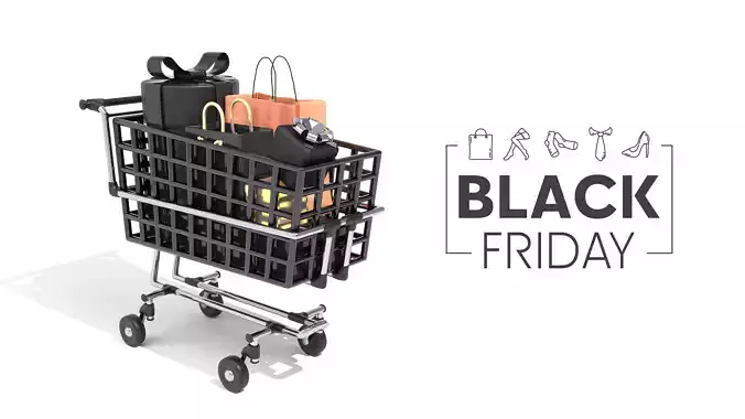 black shopping cart with black gift box 