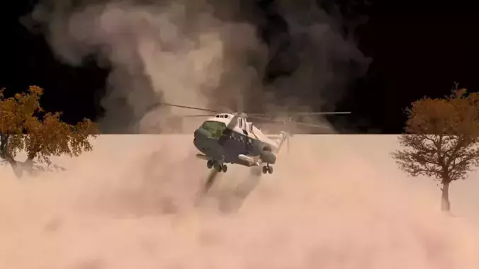 Helicopter down with dust 