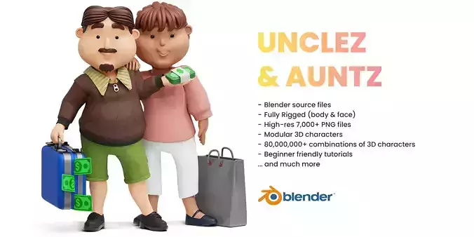 Uncles and Aunts 3D modular pack of overweight 3D characters