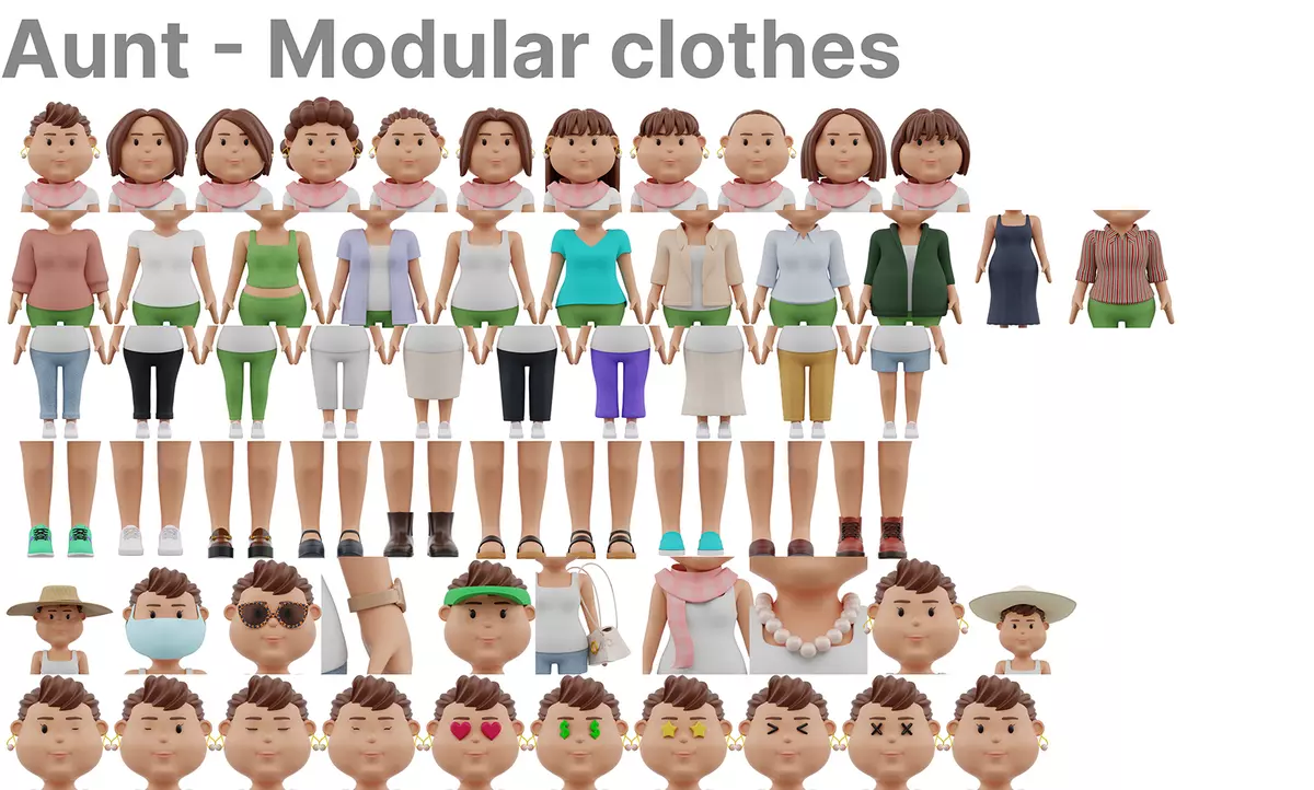 Uncles and Aunts 3D modular pack of overweight 3D characters Free low-poly 3D model_1