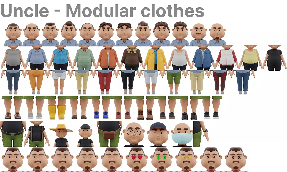 Uncles and Aunts 3D modular pack of overweight 3D characters Free low-poly 3D model_2