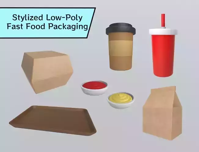 Stylized Low-Poly Fast Food Packaging Set Low-poly 3D model
