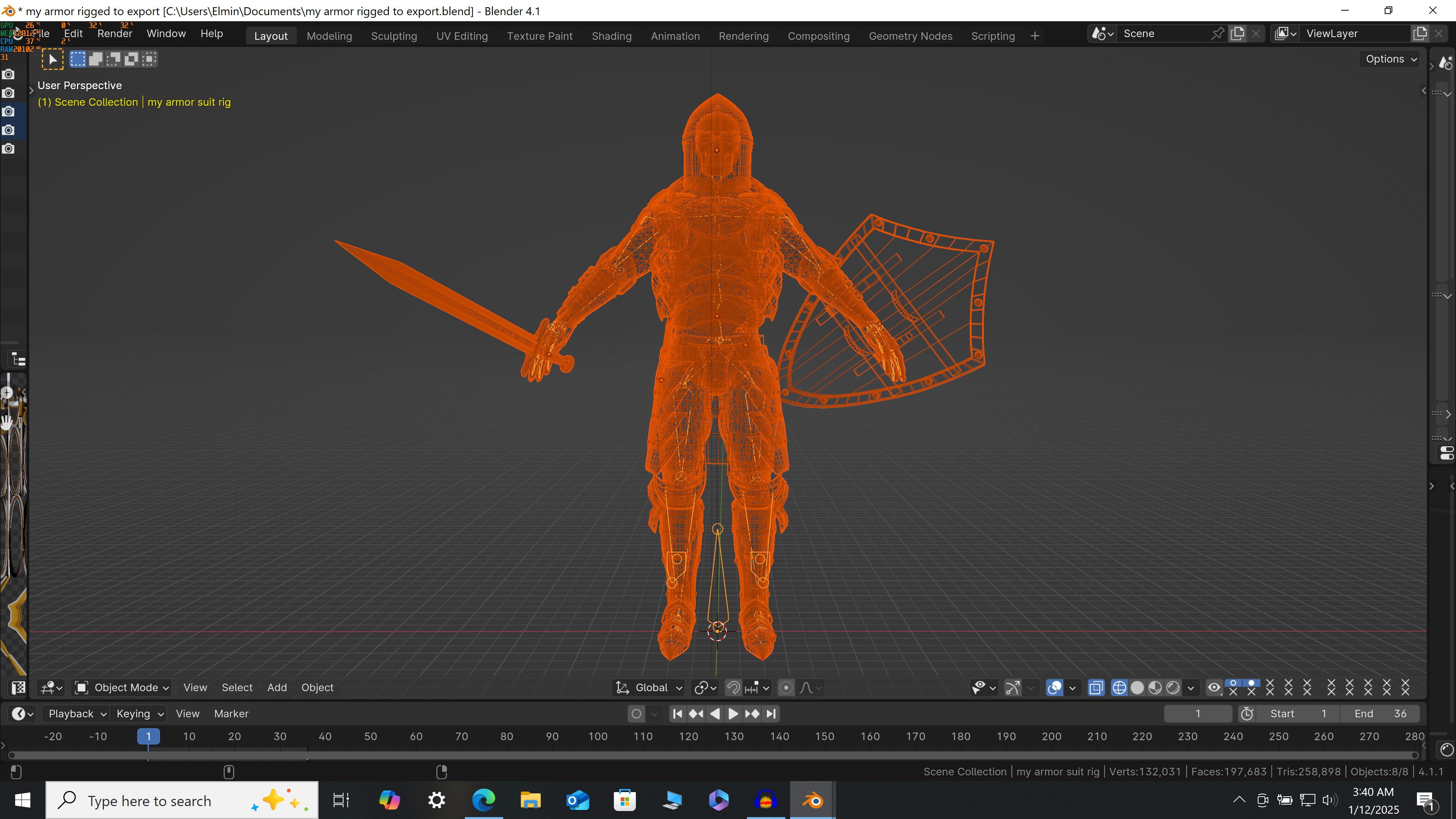 Armor with sword and shield rigged in Blender 3D model_9
