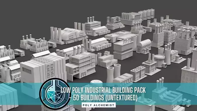 Low Poly Industrial Building Pack Of 50 -Game Ready -Untextured Low-poly 3D model