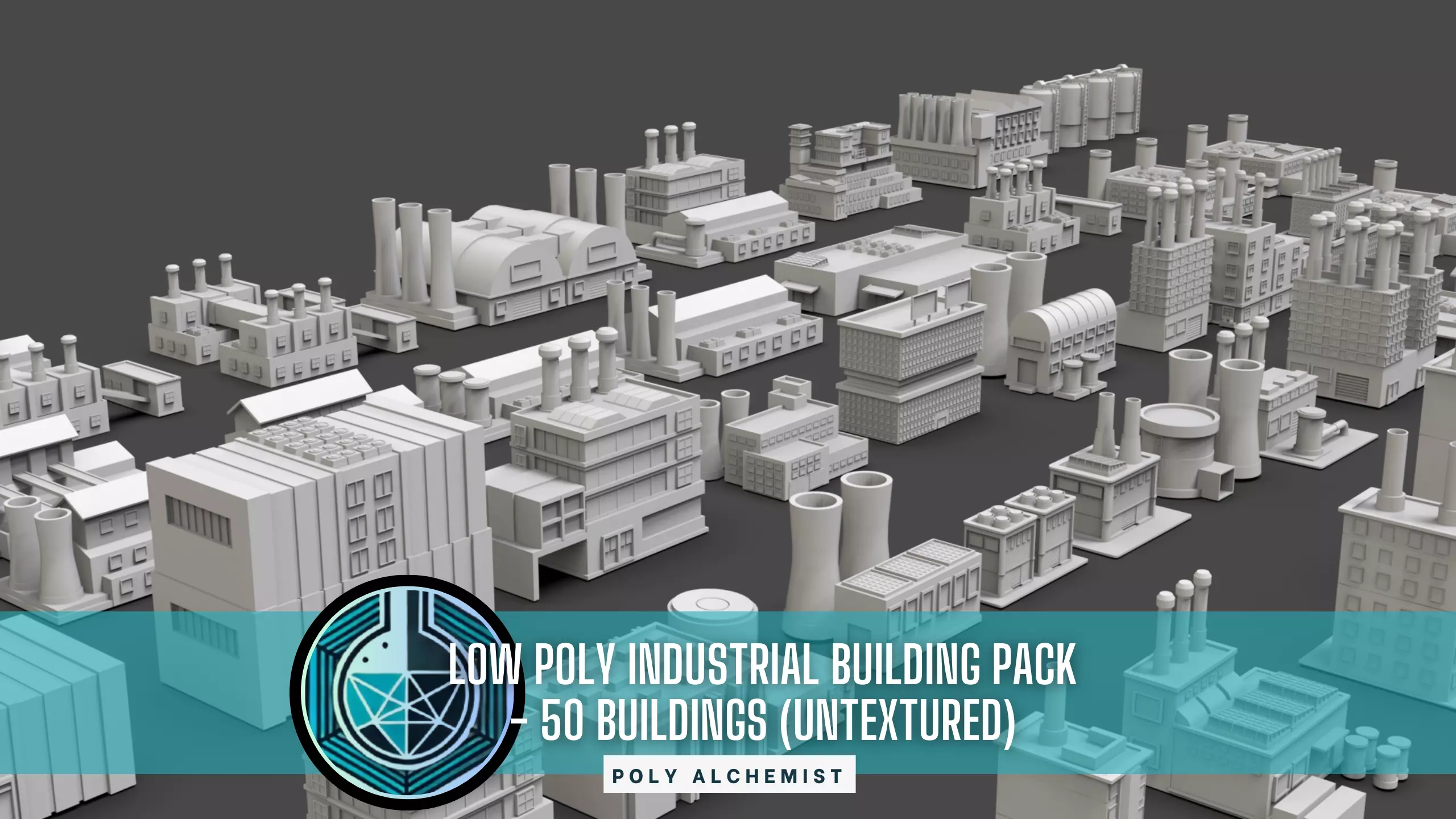 Low Poly Industrial Building Pack Of 50 -Game Ready -Untextured Low-poly 3D model_0