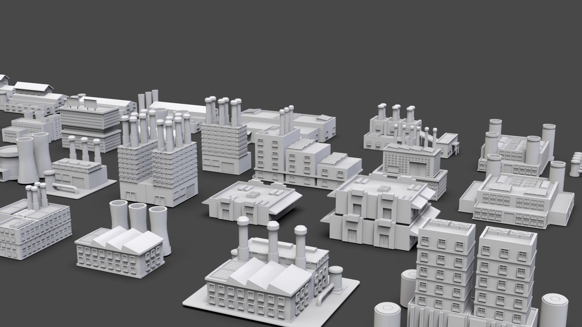 Low Poly Industrial Building Pack Of 40 -Game Ready -Untextured Low-poly 3D model_1