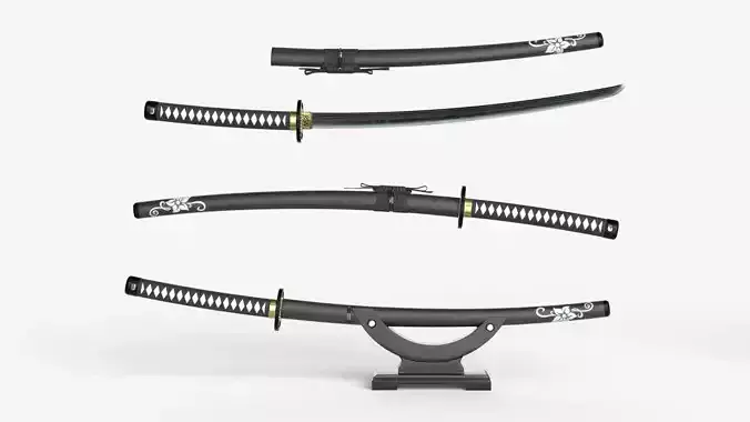 Black Katana a Saya a Sageo and Stand