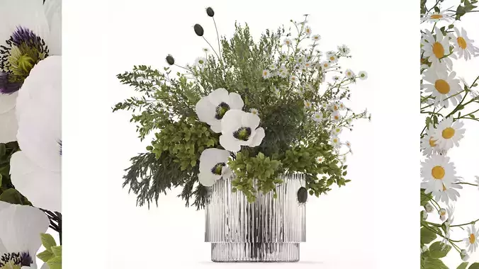 Bouquet Of Branches Green Leaves Poppy Flowers 478 3D model