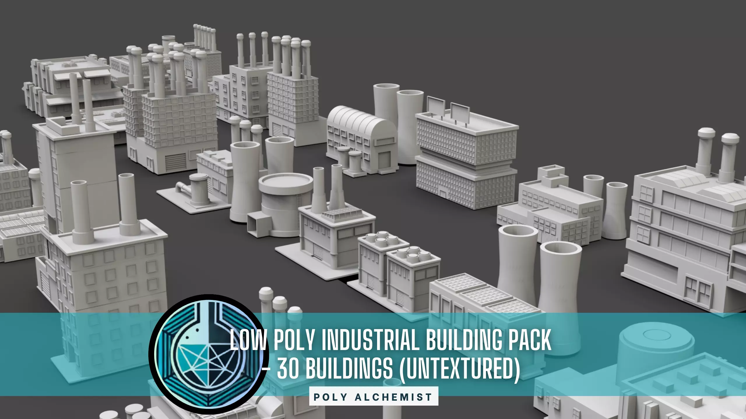 Low Poly Industrial Building Pack Of 30 -Game Ready -Untextured Low-poly 3D model_0