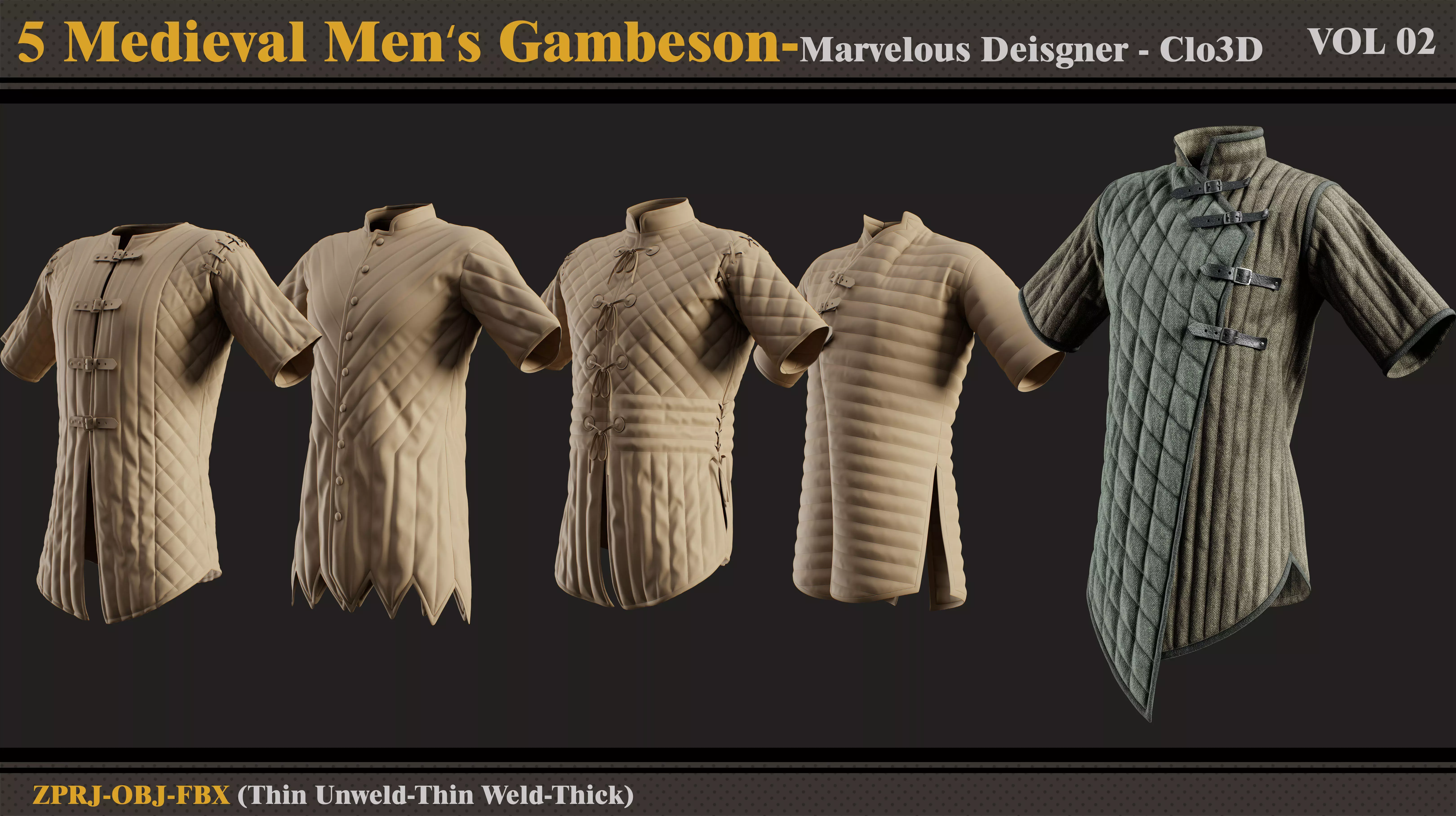 5 Medieval Men Gambesons-MD-Clo3D-ZPRJ-FBX- OBJ 3D model