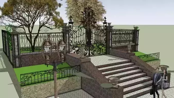 Marble staircase wrought iron fence and landscaping model