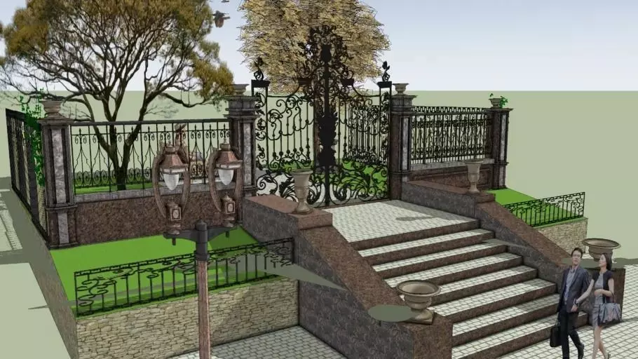 Marble staircase wrought iron fence and landscaping model 3D model_0