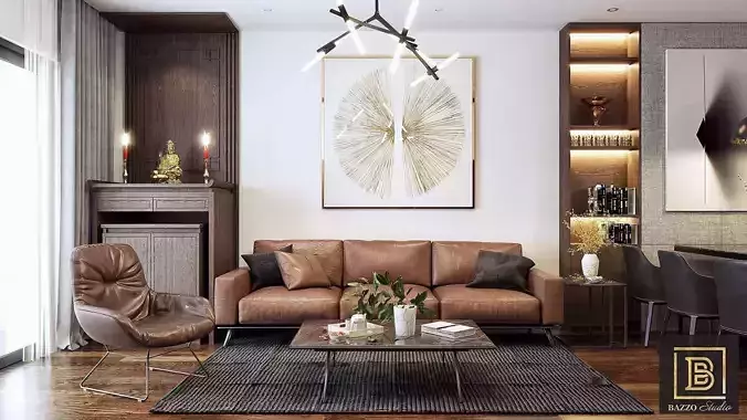 Modern apartment with elegant living room kitchen  dining room