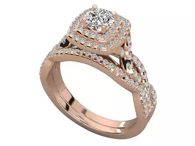 Round Cut Diamond Double Halo Twisted Style Bridal Set Ring 