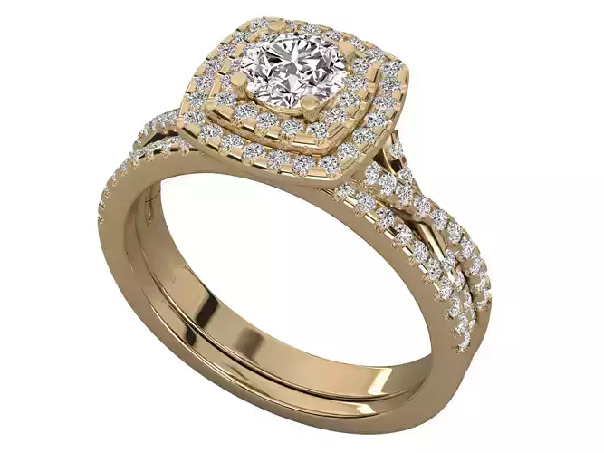 Round Cut Diamond Double Halo Twisted Style Bridal Set Ring 3D print model