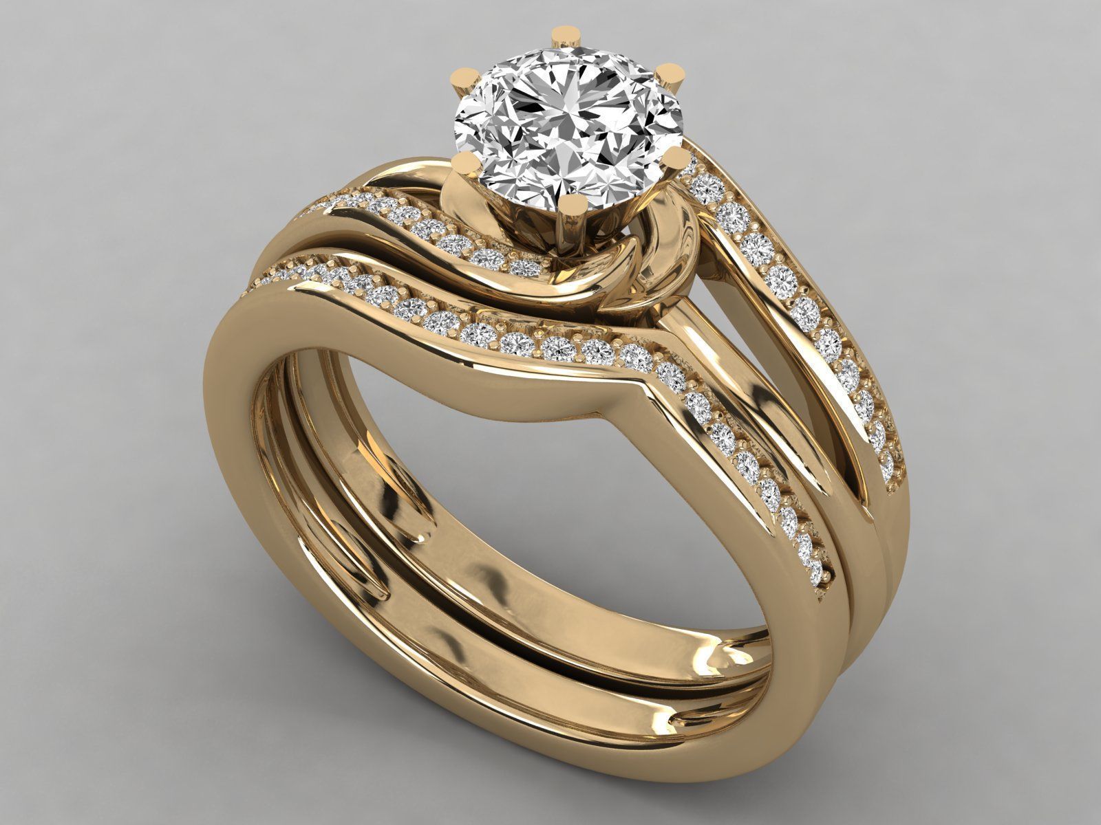 Round Solitaire With Twisted Band Wedding Ring Sets 3D print model_15
