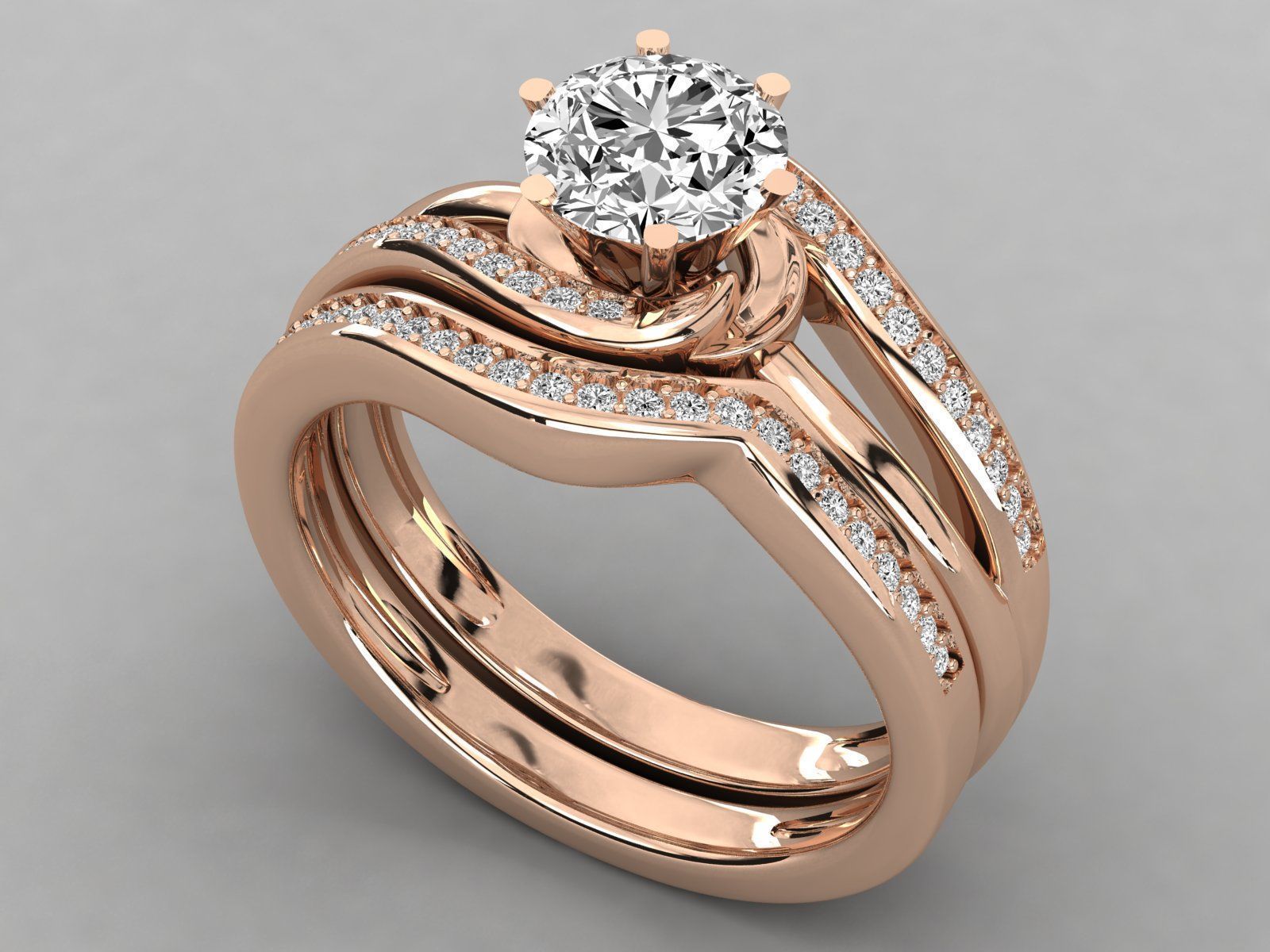 Round Solitaire With Twisted Band Wedding Ring Sets 3D print model_3