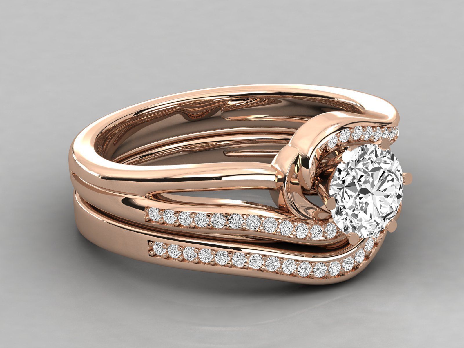 Round Solitaire With Twisted Band Wedding Ring Sets 3D print model_1