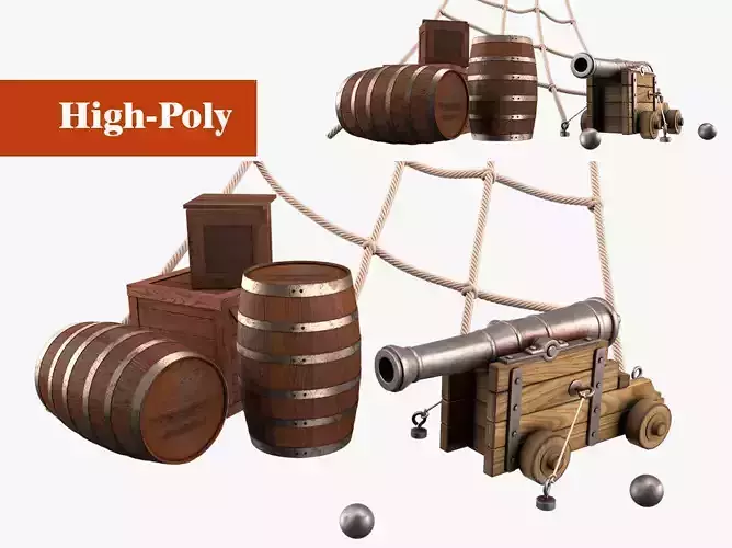 pirate cannon barrels and boxes  high-poly 3D model