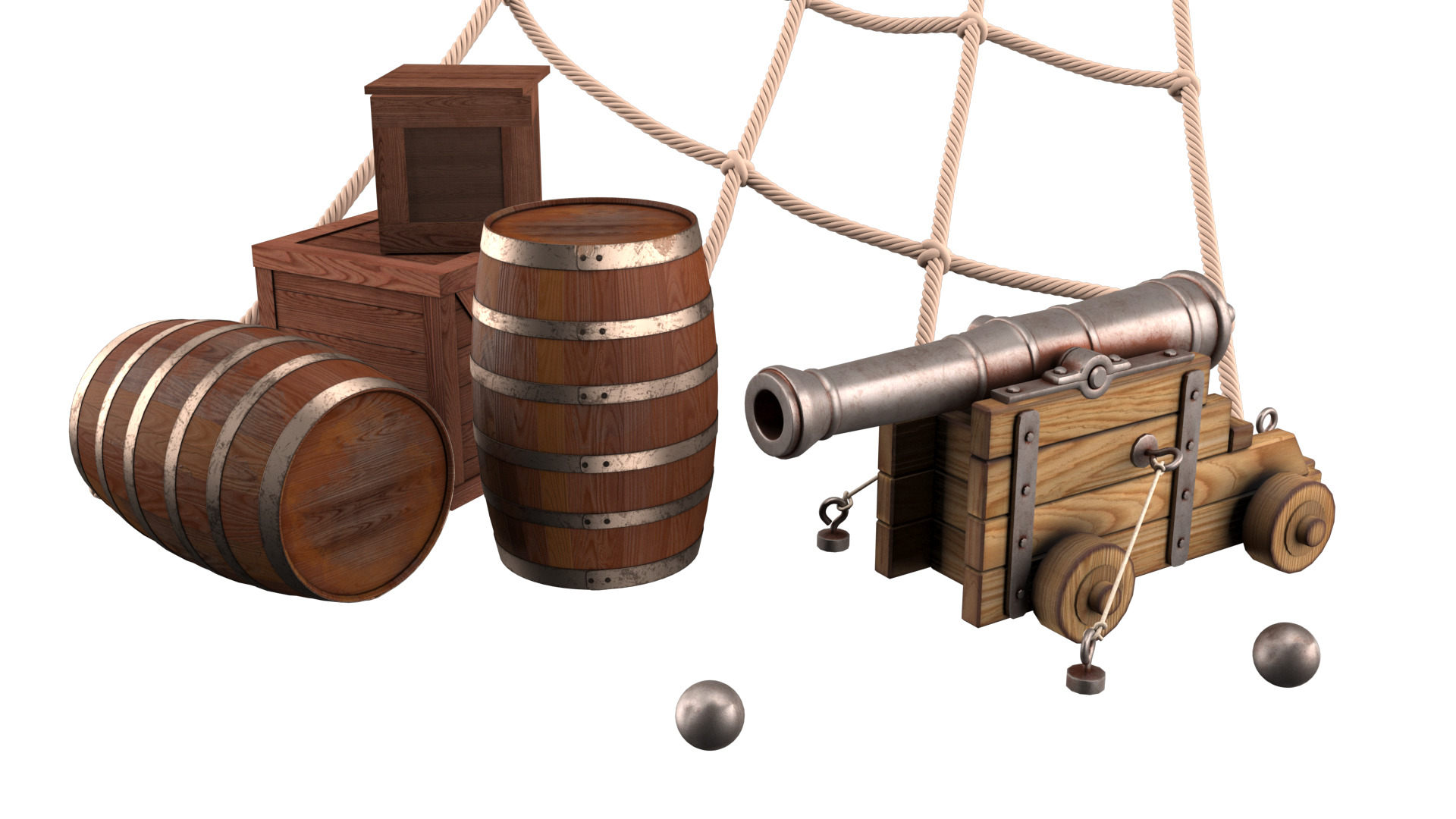 pirate cannon barrels and boxes  high-poly 3D model_3