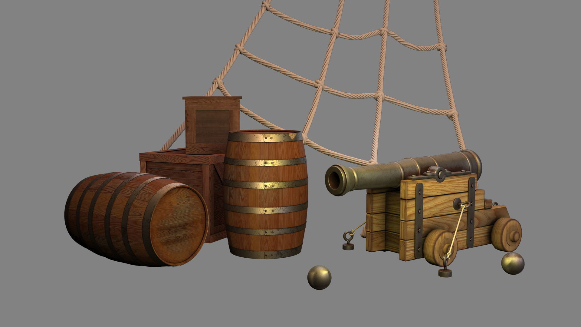 pirate cannon barrels and boxes  high-poly 3D model_11