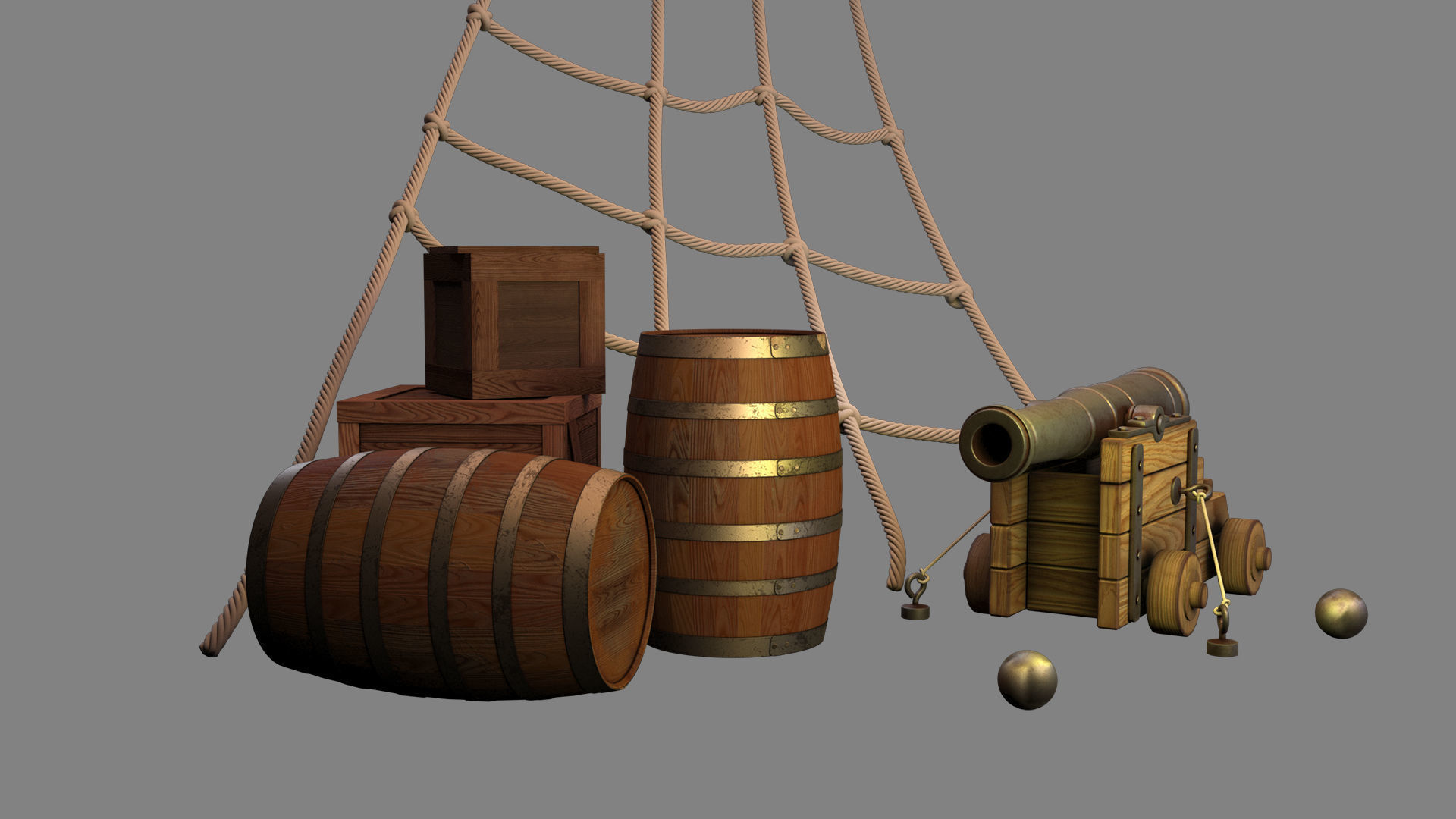pirate cannon barrels and boxes  high-poly 3D model_10