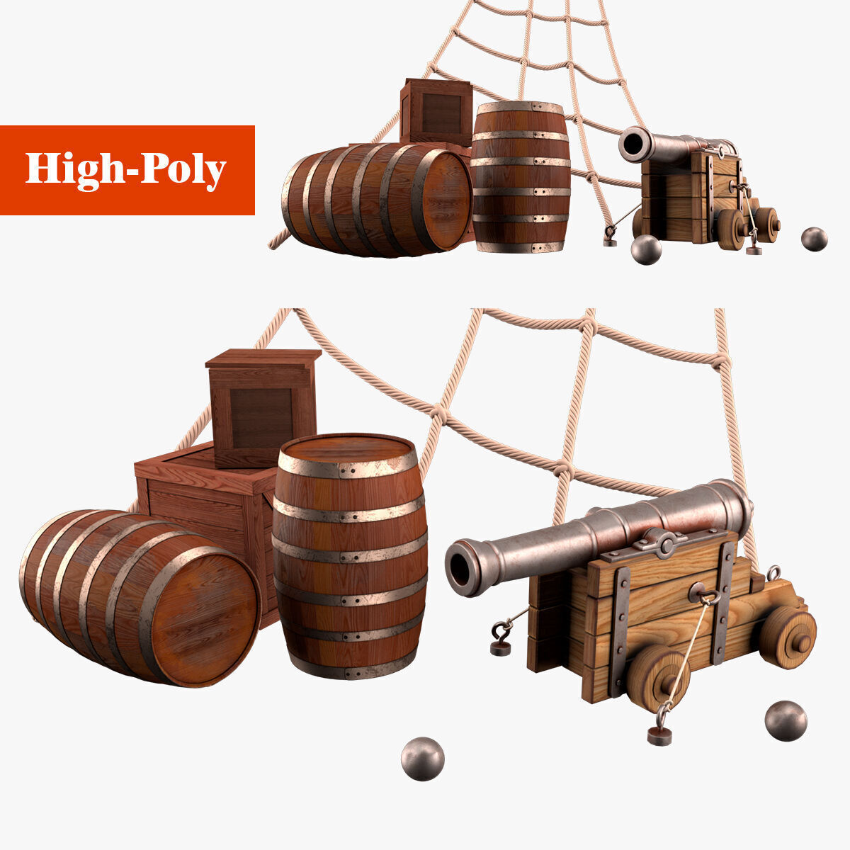 pirate cannon barrels and boxes  high-poly 3D model_1