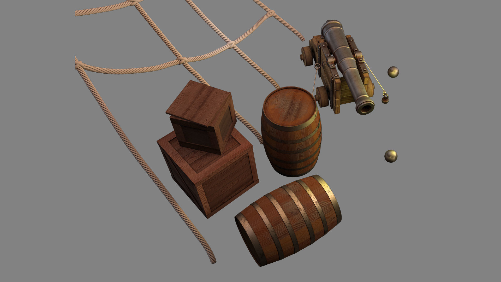 pirate cannon barrels and boxes  high-poly 3D model_12