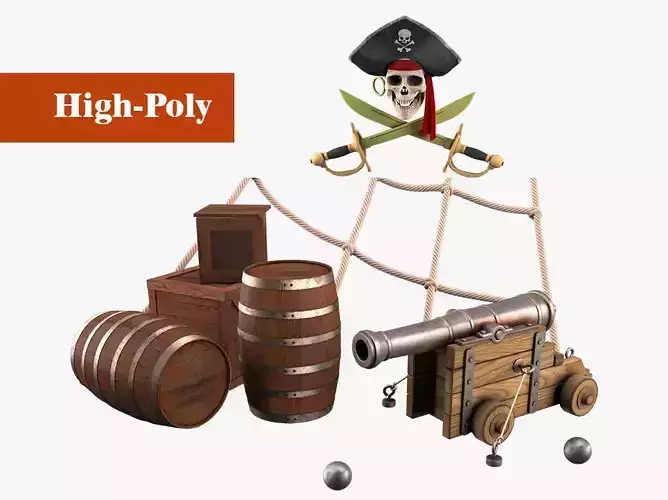 pirate cannon barrels and boxes  pirate skull high-poly  3D Model Collection