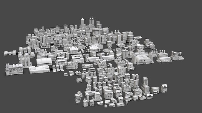 Low Poly City Buildings Pack Of 210 - Game Ready - Untextured  3D model 2