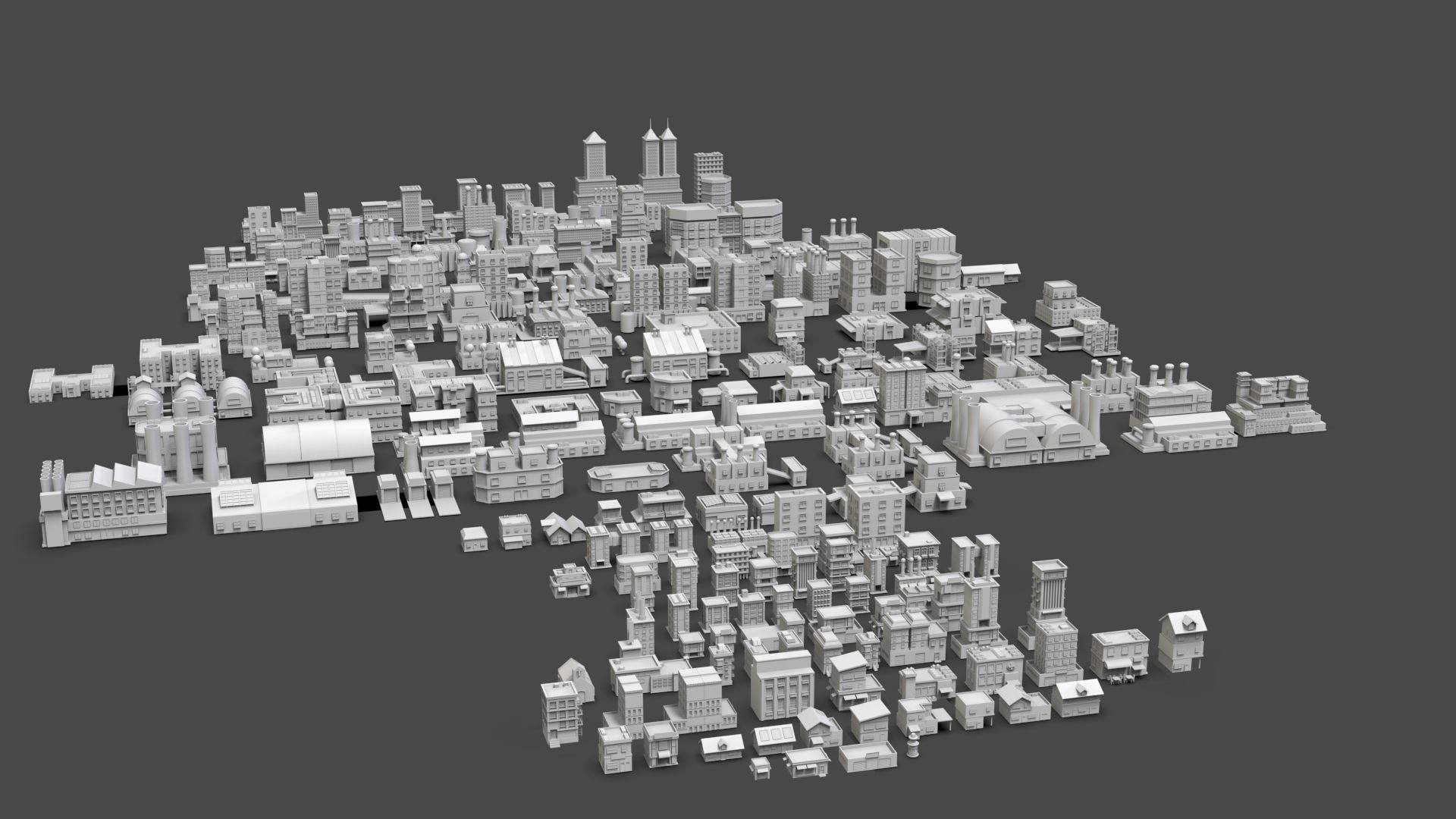 Low Poly City Buildings Pack Of 210 - Game Ready - Untextured  3D model_1